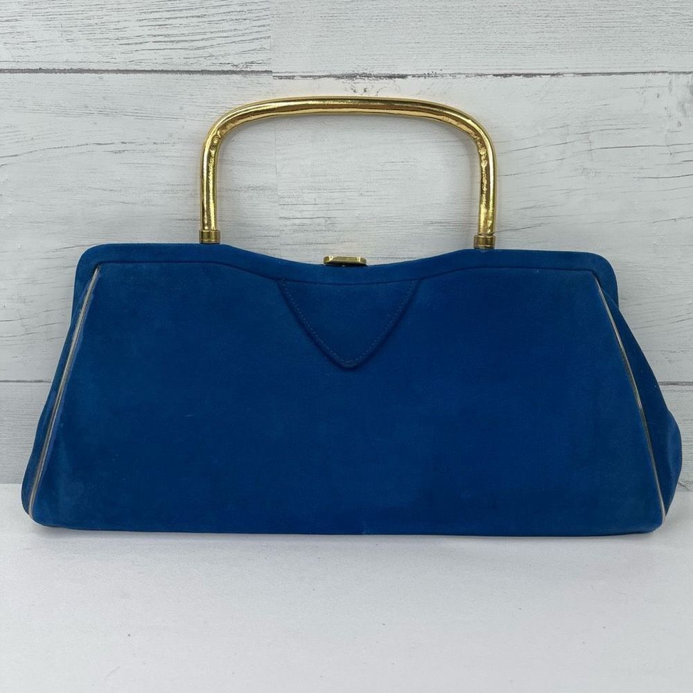 Stylecraft Miami Womens Clutch Suede Handbag Metal Snap Closure Gold Blue Pouch